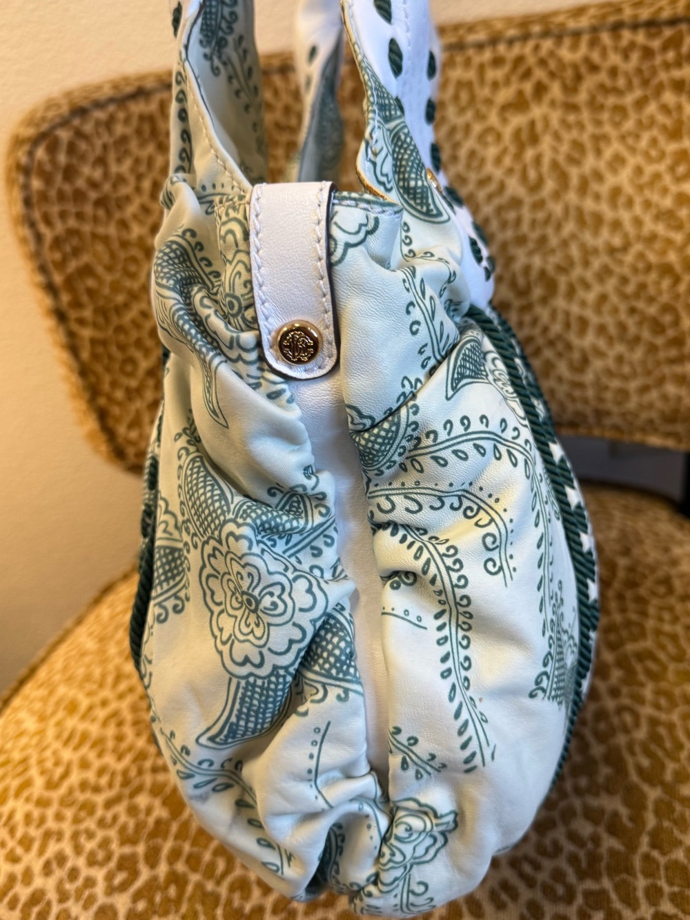 💯Auth! VINTAGE ROBERTO CAVALLI Cream/Green Floral Leather Bag w Braided Tassel - Picture 5 of 16